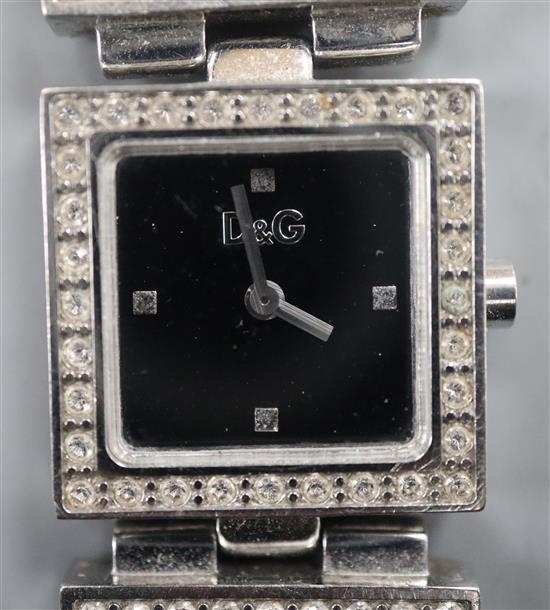 A ladys stainless steel and paste set Dolce & Gabbana quartz dress wrist watch.